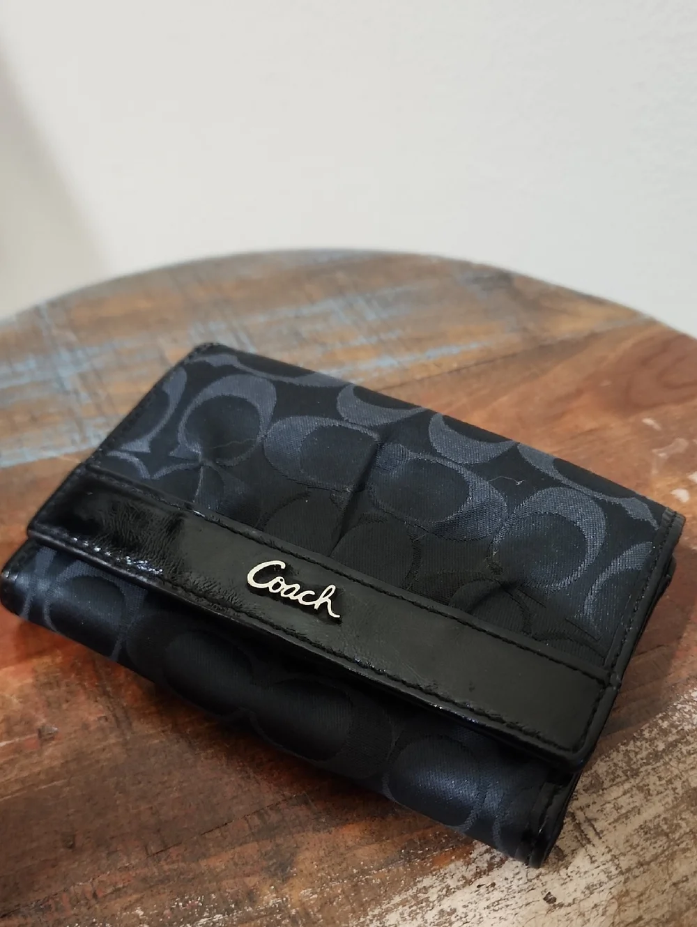 Coach Black Signature Compact Trifold Leather Wallet